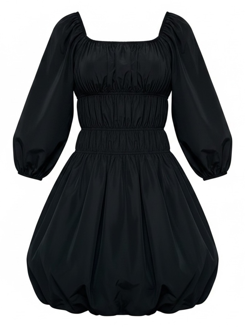 COS Black Puff-Sleeve Smocked Bubble-Hem Dress